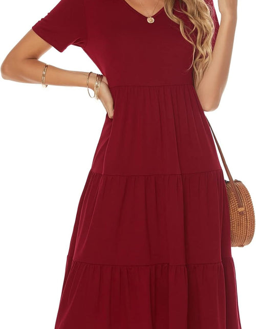 Load image into Gallery viewer, Women'S Casual Summer Tiered Midi Dress Short Sleeve V-Neck Loose Cotton Ruffle Babydoll Dress Boho Sundress
