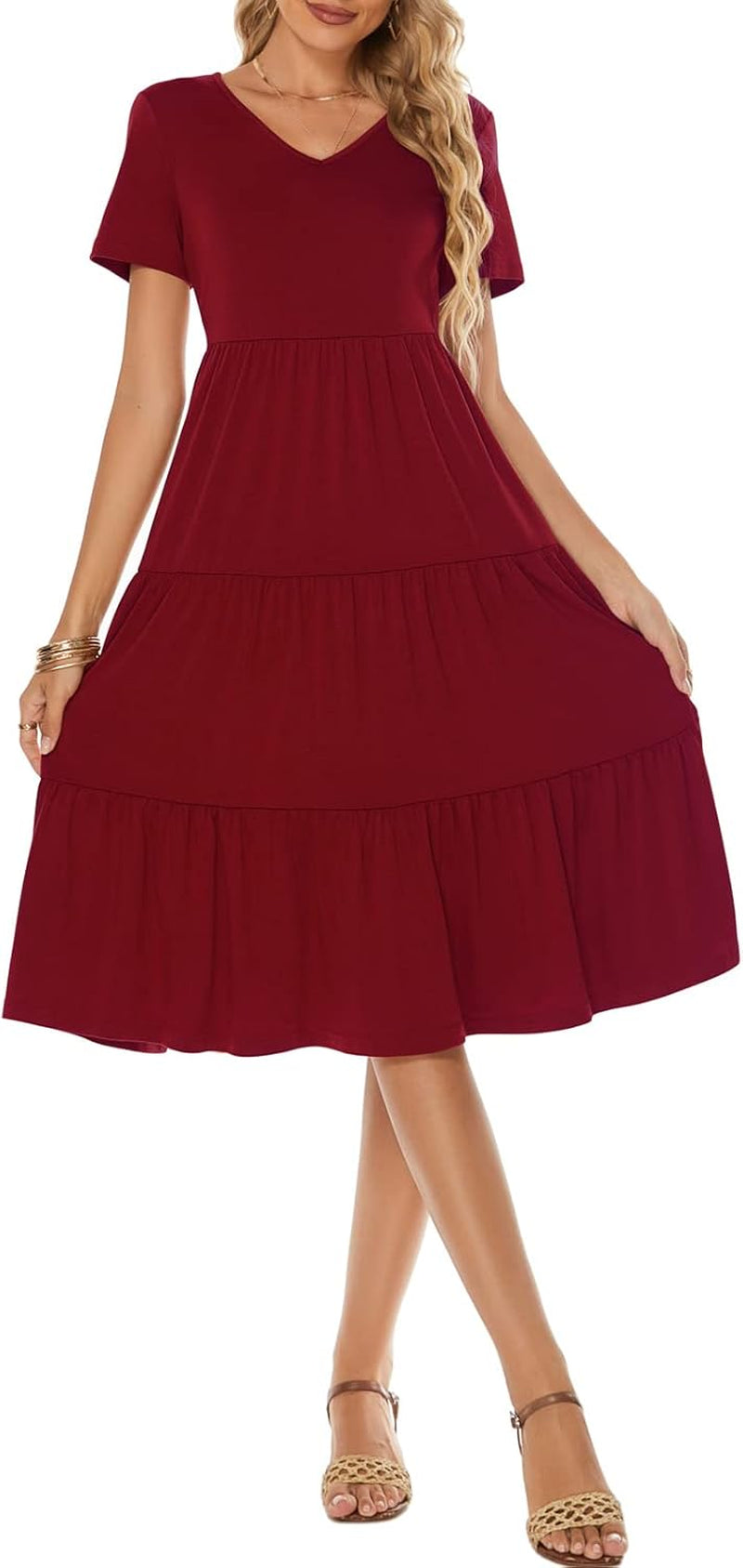 Women'S Casual Summer Tiered Midi Dress Short Sleeve V-Neck Loose Cotton Ruffle Babydoll Dress Boho Sundress