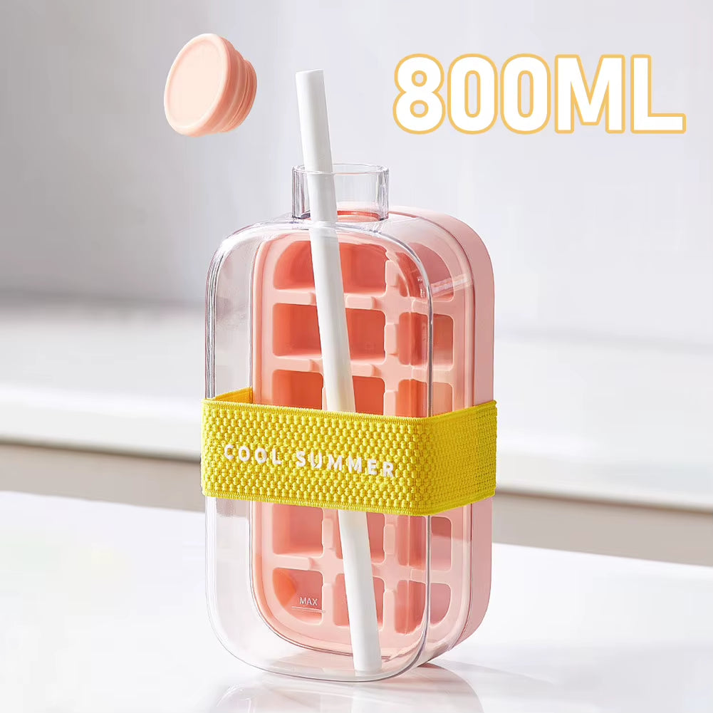 Fashion Water Bottle with Silicone Ice Cube Tray with Straw Zero-Contact Pressure Ice Cube Mold 500/800Ml Kettle Beverage Cup