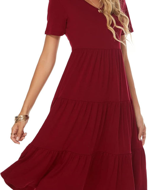 Load image into Gallery viewer, Women'S Casual Summer Tiered Midi Dress Short Sleeve V-Neck Loose Cotton Ruffle Babydoll Dress Boho Sundress
