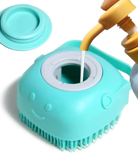 Dog Bath Brush, Pet Massage Brush Shampoo Dispenser, Soft Silicone Brush Rubber Bristle for Dogs and Cats Shower Grooming (Blue)