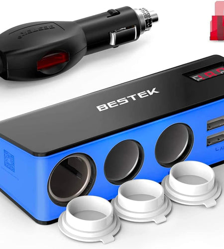 3-Socket Cigarette Lighter Adapter, 12V/24V 200W DC Cigarette Outlet Car Charger Splitter with 4-USB Ports Car Power Adapter for GPS, Dashcam, Low Voltage Protection with Replace Fuse