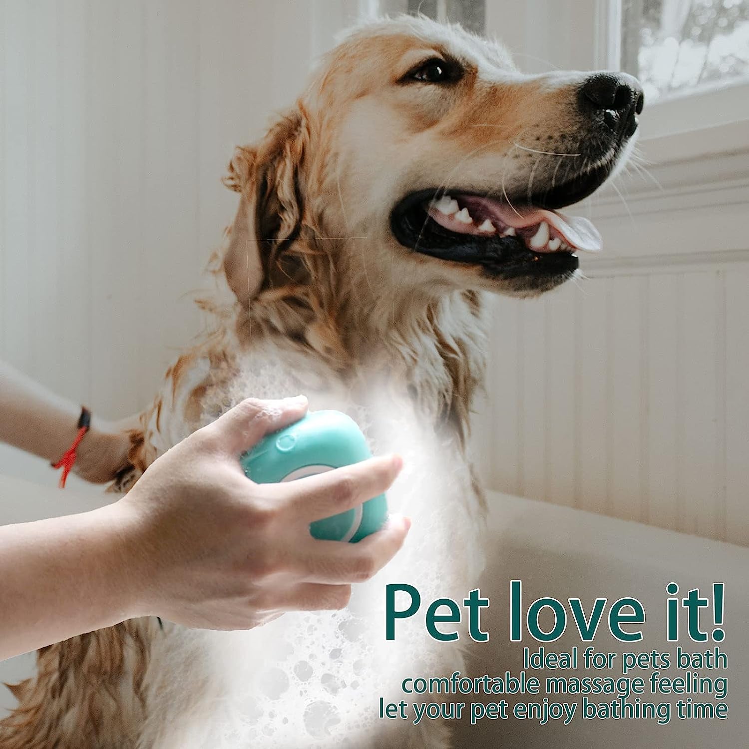 Dog Bath Brush, Pet Massage Brush Shampoo Dispenser, Soft Silicone Brush Rubber Bristle for Dogs and Cats Shower Grooming (Blue)