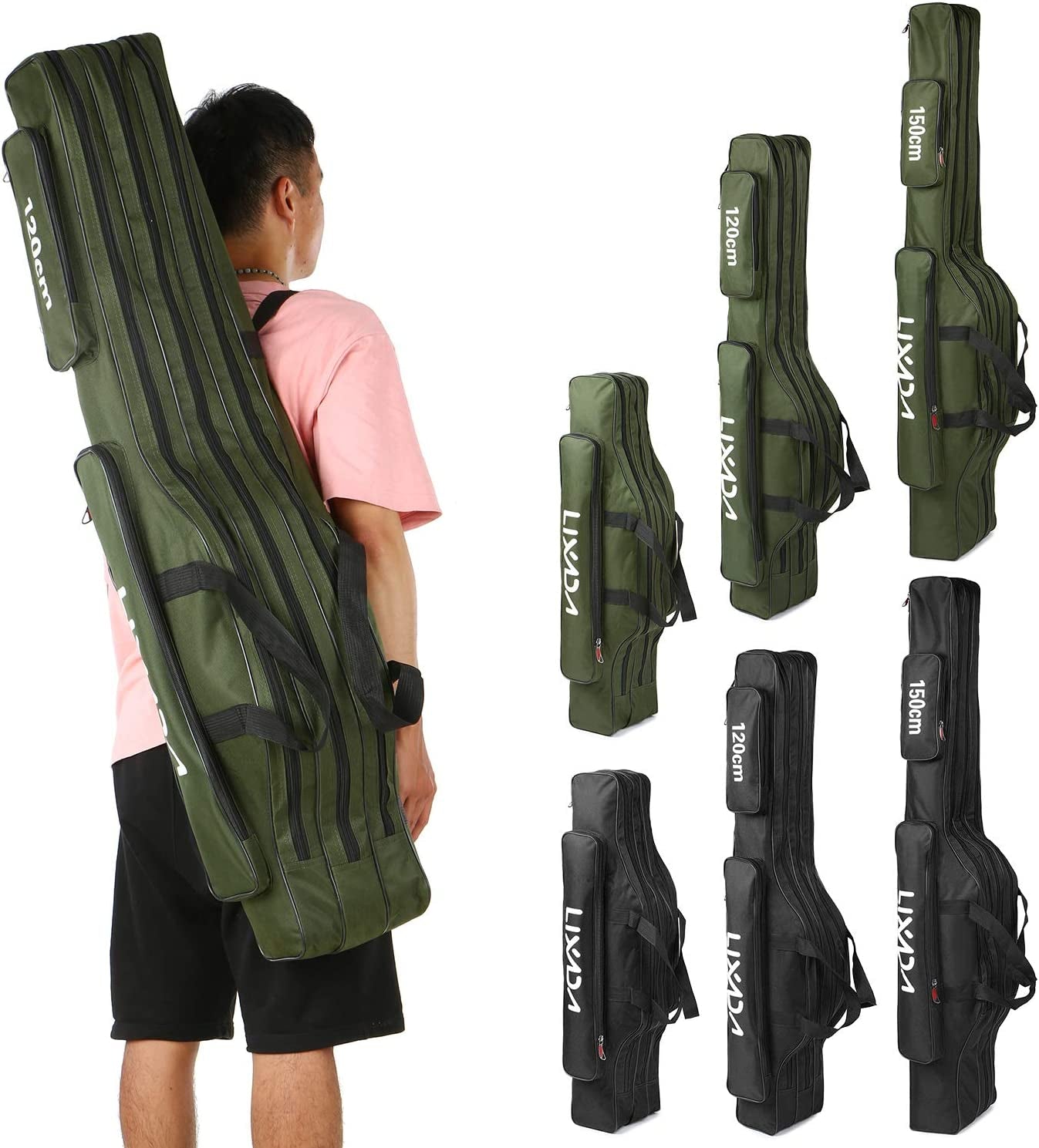 Fishing Rod Case 3 Layers Oxford Fishing Rod Bag Portable Folding Fishing Rod Carrier Case Fishing Reel Tackle Storage Travel Bags(90Cm/120Cm/150Cm)