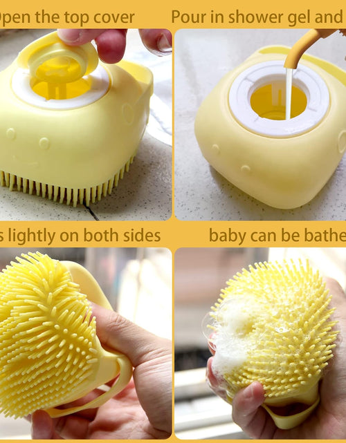 Load image into Gallery viewer, Dog Bath Brush, Pet Massage Brush Shampoo Dispenser, Soft Silicone Brush Rubber Bristle for Dogs and Cats Shower Grooming (Yellow)
