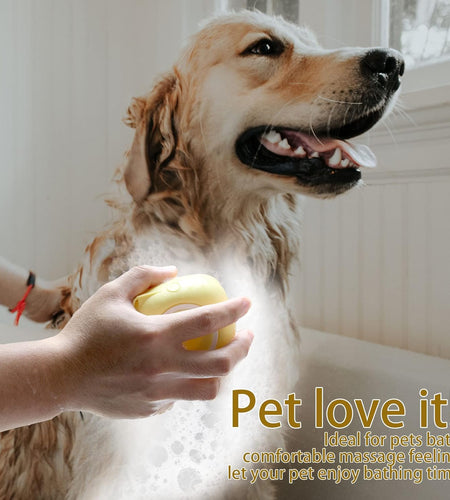 Dog Bath Brush, Pet Massage Brush Shampoo Dispenser, Soft Silicone Brush Rubber Bristle for Dogs and Cats Shower Grooming (Yellow)