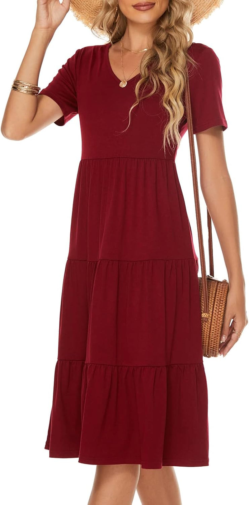 Women'S Casual Summer Tiered Midi Dress Short Sleeve V-Neck Loose Cotton Ruffle Babydoll Dress Boho Sundress