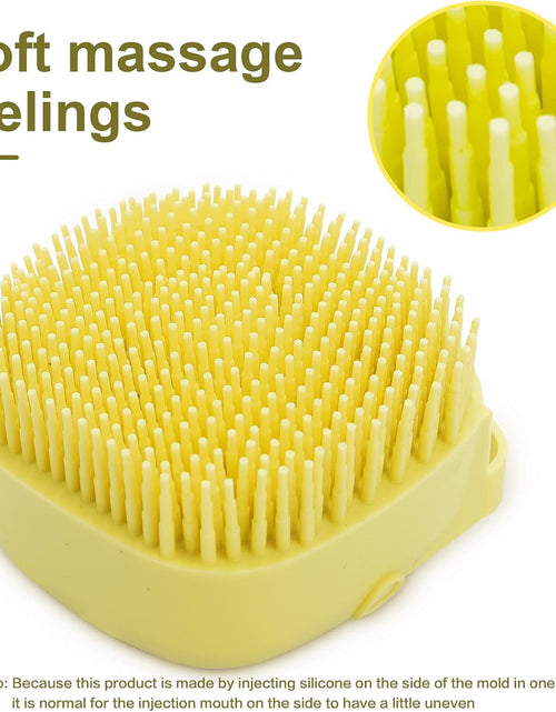 Load image into Gallery viewer, Dog Bath Brush, Pet Massage Brush Shampoo Dispenser, Soft Silicone Brush Rubber Bristle for Dogs and Cats Shower Grooming (Yellow)
