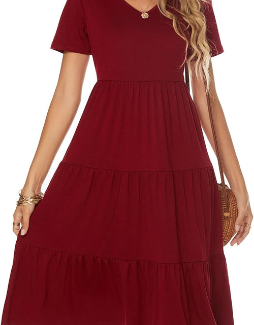 Load image into Gallery viewer, Women'S Casual Summer Tiered Midi Dress Short Sleeve V-Neck Loose Cotton Ruffle Babydoll Dress Boho Sundress
