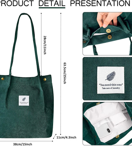 Corduroy Tote Bag Large for Women Girl Lady Canvas Shoulder Cord Purse and Handbags with Inner Pocket (Green)