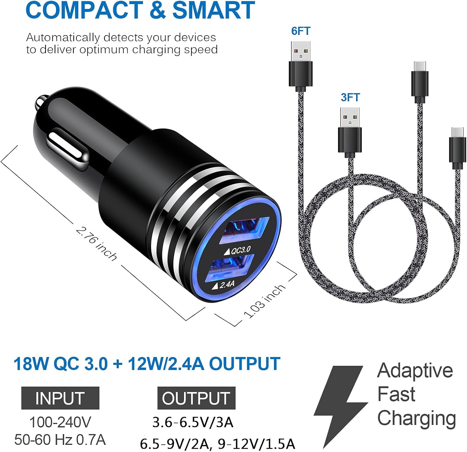 Type C Charger Fast Charger for Samsung Galaxy S23 S22 S21 S20 A53 A13 A12 A32 A52 A51,LG Stylo 6 5,Moto G Pure/G Power/G Stylus/G Play,Quick Charge 3.0 Car Charger Wall Adapter +3FT 6FT USB C Cable