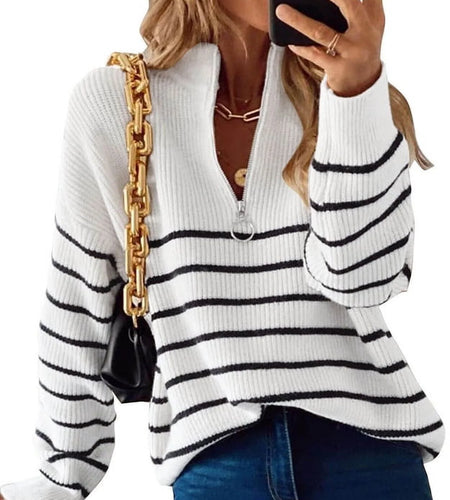 Sweaters for Women Quarter Zip Striped Sweaters Knitted Warm Pullover Sweaters