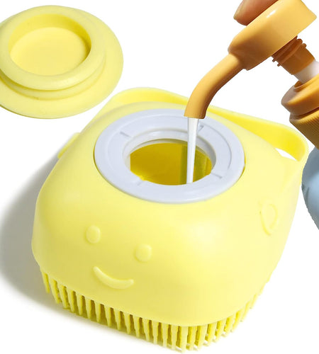 Dog Bath Brush, Pet Massage Brush Shampoo Dispenser, Soft Silicone Brush Rubber Bristle for Dogs and Cats Shower Grooming (Yellow)