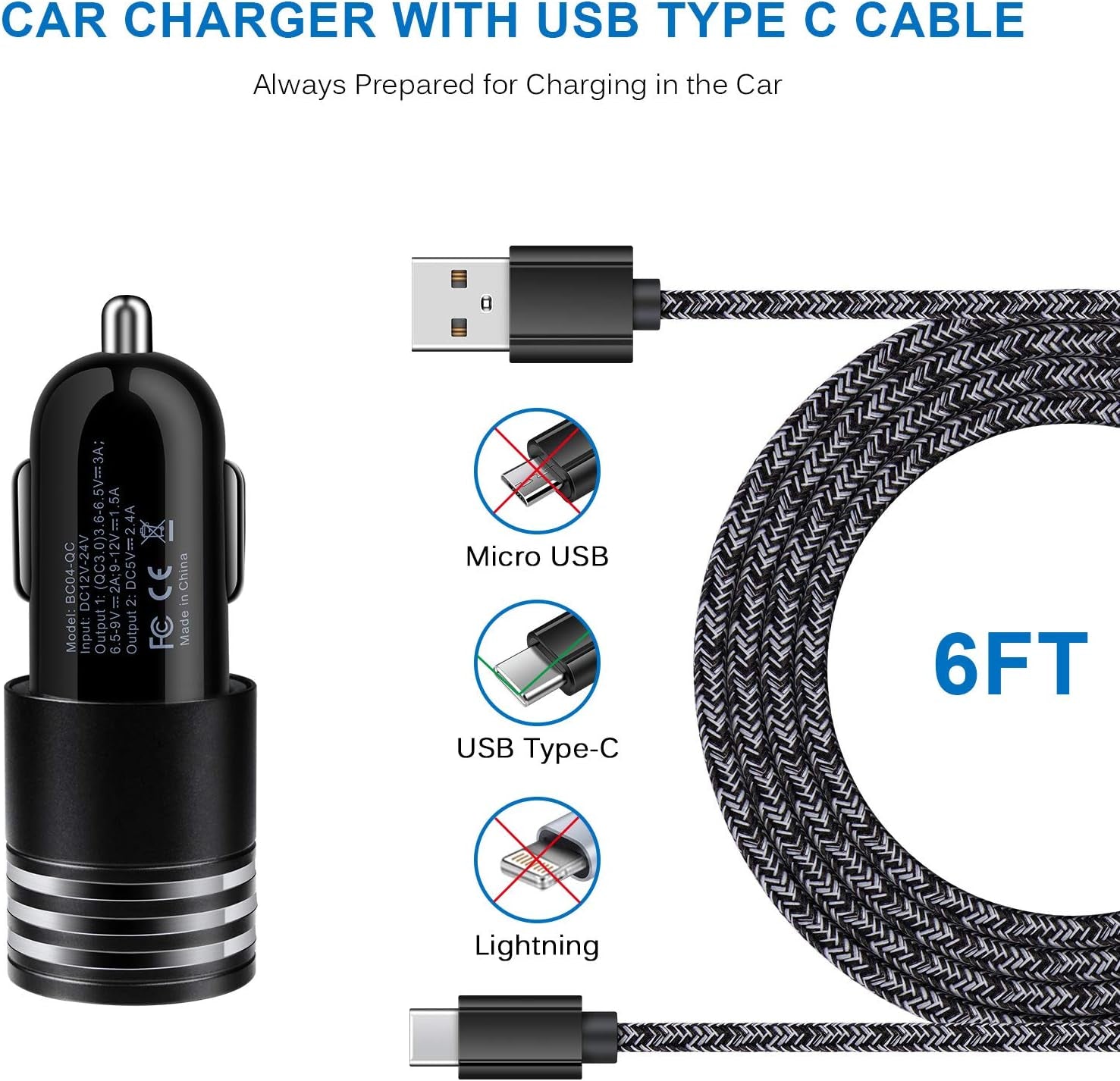 Type C Charger Fast Charger for Samsung Galaxy S23 S22 S21 S20 A53 A13 A12 A32 A52 A51,LG Stylo 6 5,Moto G Pure/G Power/G Stylus/G Play,Quick Charge 3.0 Car Charger Wall Adapter +3FT 6FT USB C Cable