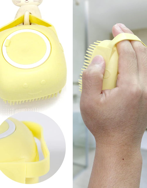 Load image into Gallery viewer, Dog Bath Brush, Pet Massage Brush Shampoo Dispenser, Soft Silicone Brush Rubber Bristle for Dogs and Cats Shower Grooming (Yellow)
