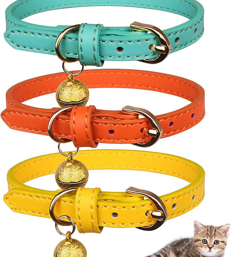 3 Pack Leather Cat Collars with Bells Soft Pet Safety Collar Kitten Collars with Bell Orange Yellow Mint Green(S)