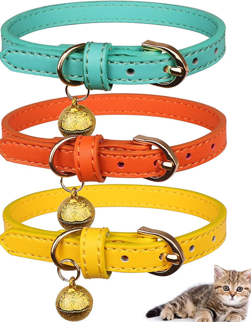 Load image into Gallery viewer, 3 Pack Leather Cat Collars with Bells Soft Pet Safety Collar Kitten Collars with Bell Orange Yellow Mint Green(S)
