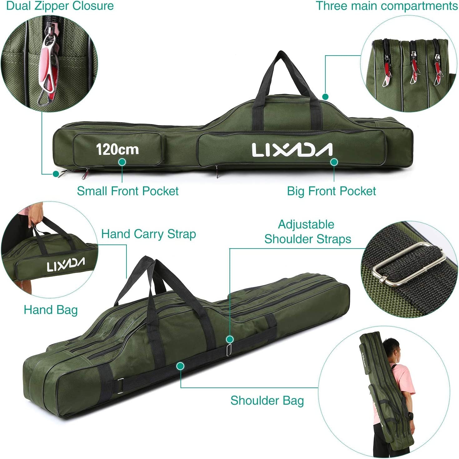 Fishing Rod Case 3 Layers Oxford Fishing Rod Bag Portable Folding Fishing Rod Carrier Case Fishing Reel Tackle Storage Travel Bags(90Cm/120Cm/150Cm)